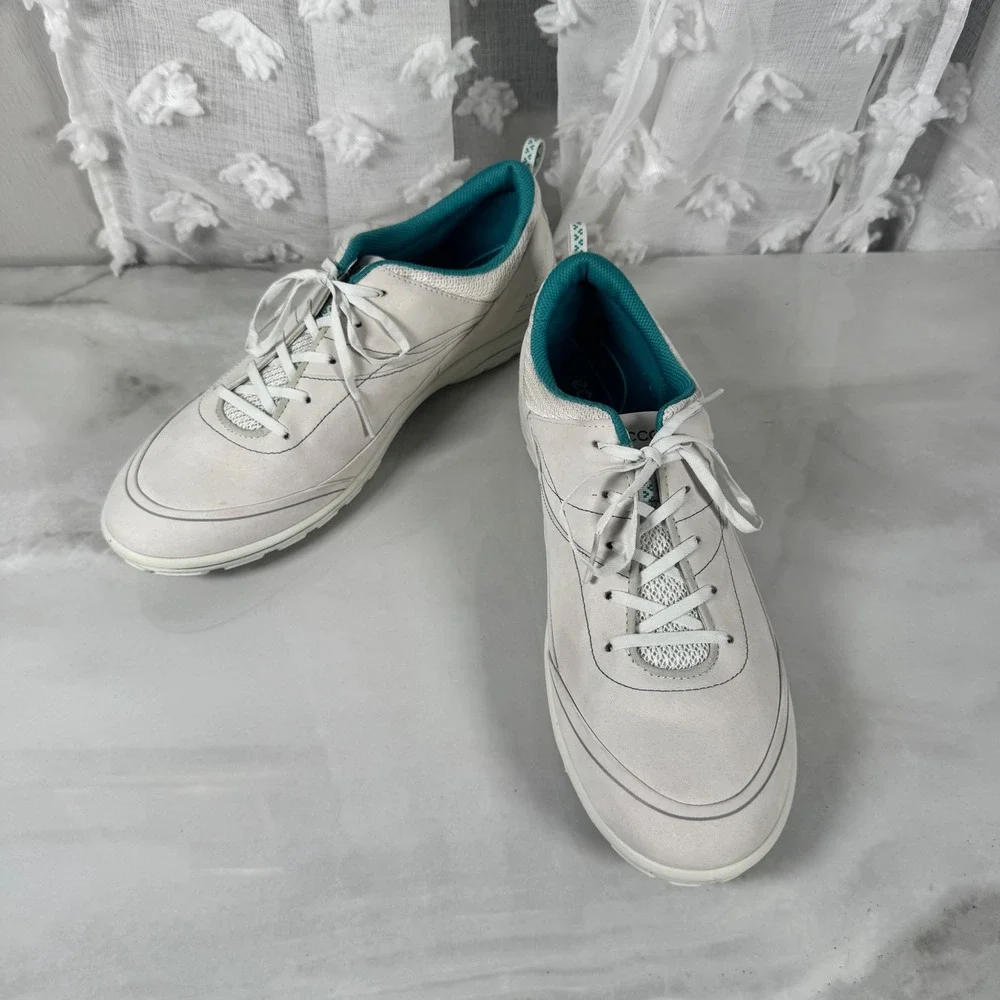 Ecco Leather Sneakers Off-White Teal Lace Up Comfort Casual EU 42 US 11/11.5